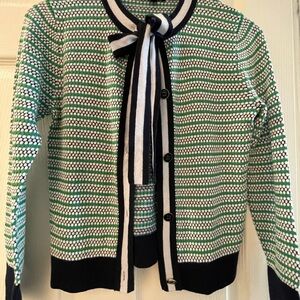 SMALL J Crew- Cardigan Nautical Navy Blue/White w/Green Stripes Bow tie NWOT
